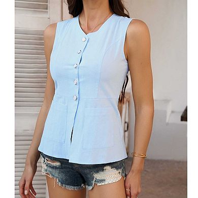 Women's Sleeveless Button Down Vest Top, V-Neck Pocketed Casual Blouse for Vacation