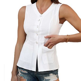 Women's Sleeveless Button Down Vest Top, V-Neck Pocketed Casual Blouse for Vacation