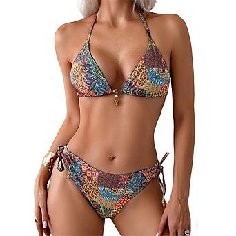 Women's Boho Print Triangle Bikini Set Halter Neck 2 pc Swimsuit