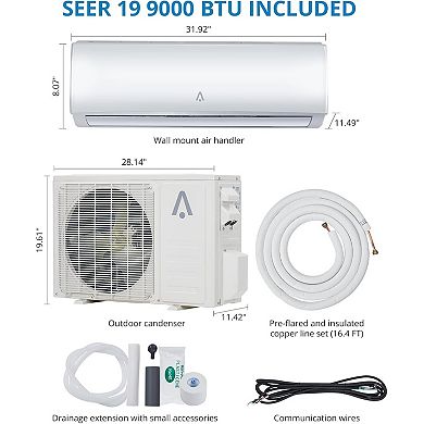 9,000Btus Mini Split AC,19 SEER2 Wall Mounted AC with Heat Pump&Installation Kits,450Sq.ft