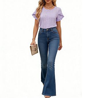 Women's Eyelet Ruffle Short Sleeve Top Crew Neck Stretch Knit Casual Blouse