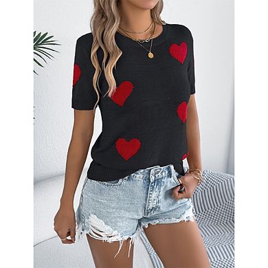 Women's Crew Neck Heart Print Sweater Short Sleeve Casual Knit Top