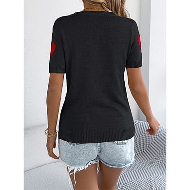 Women's Crew Neck Heart Print Sweater Short Sleeve Casual Knit Top