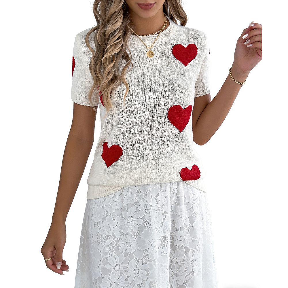 Women's Crew Neck Heart Print Sweater Short Sleeve Casual Knit Top