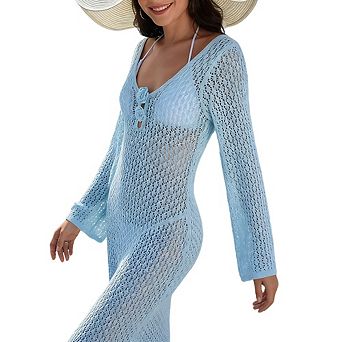 Women's Knit Beach Cover Up Long Dress V-Neck Long Sleeve Bikini Vacation Maxi Dress