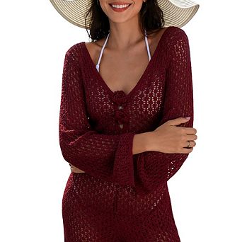 Women's Knit Beach Cover Up Long Dress V-Neck Long Sleeve Bikini Vacation Maxi Dress