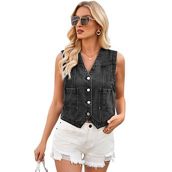 Women Denim Vest Sleeveless Jean Vest Top V Neck Button Down Cropped Denim Top with Pockets