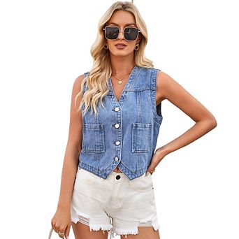 Women Denim Vest Sleeveless Jean Vest Top V Neck Button Down Cropped Denim Top with Pockets