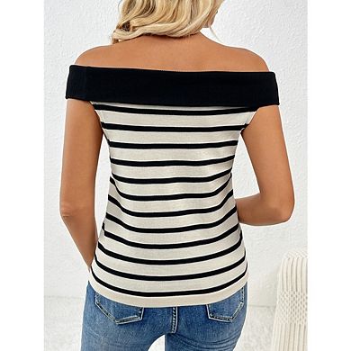 Women's Off Shoulder Stripe Sweater Tops Short Sleeve Knitted Pullover Top