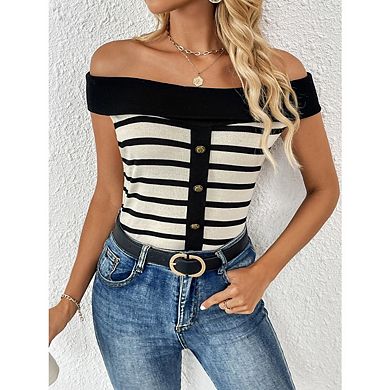 Women's Off Shoulder Stripe Sweater Tops Short Sleeve Knitted Pullover Top