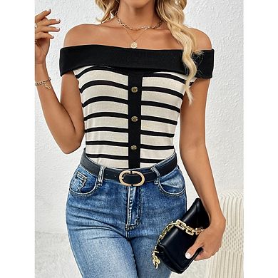 Women's Off Shoulder Stripe Sweater Tops Short Sleeve Knitted Pullover Top
