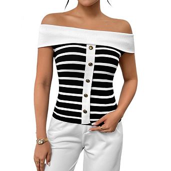 Women's Off Shoulder Stripe Sweater Tops Short Sleeve Knitted Pullover Top