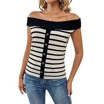 Women's Off Shoulder Stripe Sweater Tops Short Sleeve Knitted Pullover Top