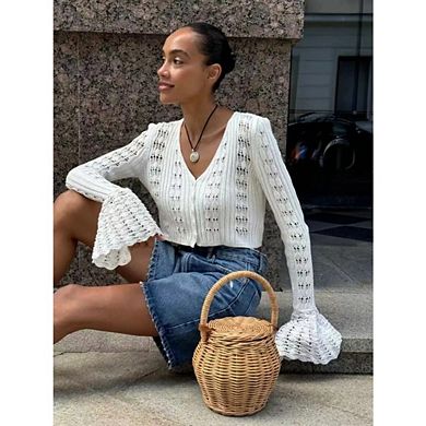 Women's Crochet Cropped Cardigan Swaeter Casual Boho V Neck Button Front Long Flared Sleeves Tops