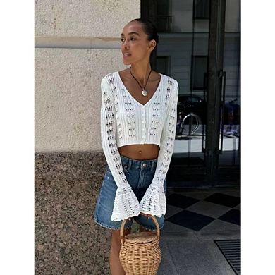 Women's Crochet Cropped Cardigan Swaeter Casual Boho V Neck Button Front Long Flared Sleeves Tops