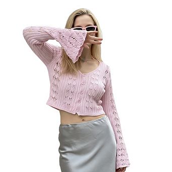 Women's Crochet Cropped Cardigan Swaeter Casual Boho V Neck Button Front Long Flared Sleeves Tops