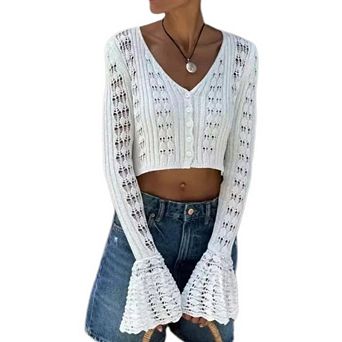 Women's Crochet Cropped Cardigan Swaeter Casual Boho V Neck Button Front Long Flared Sleeves Tops