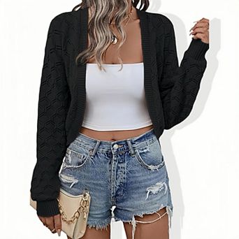 Women's Casual Cropped Cardigan, Short Length Open Front Knit Sweater, Lightweight Layering Top