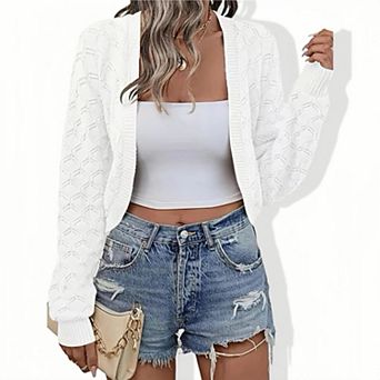 Women's Casual Cropped Cardigan, Short Length Open Front Knit Sweater, Lightweight Layering Top