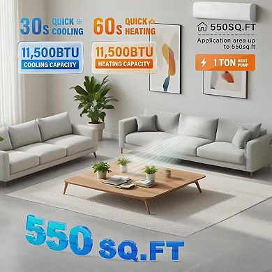 11500 BTU Wifi Enabled Split Air Conditioner & Heater,17 SEER2 208/230V,Heat Pump&Installation Kit