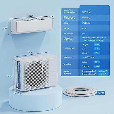11500 BTU Wifi Enabled Split Air Conditioner & Heater,17 SEER2 208/230V,Heat Pump&Installation Kit