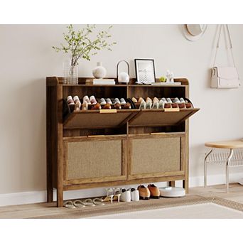 Farmhouse Rattan Shoe Cabinet, 47 Inch Boho Shoes Organizer