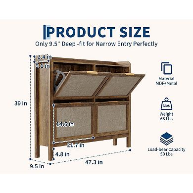 Farmhouse Rattan Shoe Cabinet, 47 Inch Boho Shoes Organizer