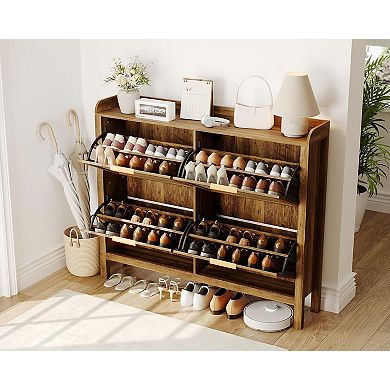 Farmhouse Rattan Shoe Cabinet, 47 Inch Boho Shoes Organizer