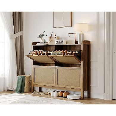 Farmhouse Rattan Shoe Cabinet, 47 Inch Boho Shoes Organizer