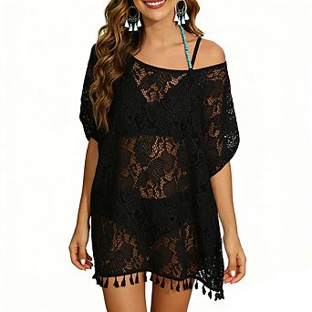 Women's Lace Beach Cover Up Dress V Neck Tassel Trim Swimsuit Cover Up Lightweight Sheer Cover Up