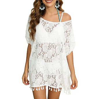 Women's Lace Beach Cover Up Dress V Neck Tassel Trim Swimsuit Cover Up Lightweight Sheer Cover Up