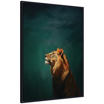 Lion on Tonal Blue Teal Green Abstract by The Creative Bunch Studio Framed Canvas Wall Art Print