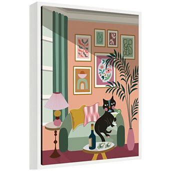 Cocktail Cat by Rachel Lee 3 Birdies Studio Framed Canvas Wall Art Print
