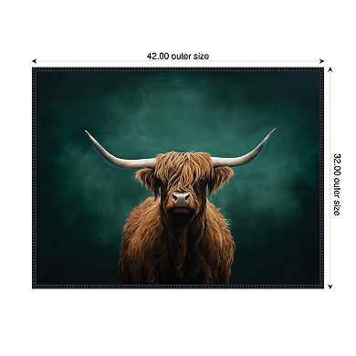 Highland Cow on Tonal Teal Green Abstract by The Creative Bunch Studio Framed Canvas Wall Art Print