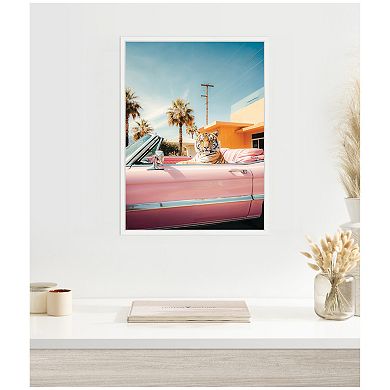 Cool Tiger Sitting in a Pink Classic Car by Michael Schauer Framed Canvas Wall Art Print