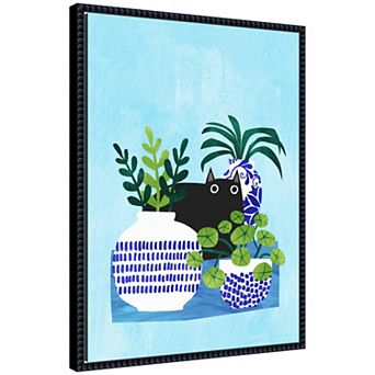 Blue Pots by Planet Cat Framed Canvas Wall Art Print