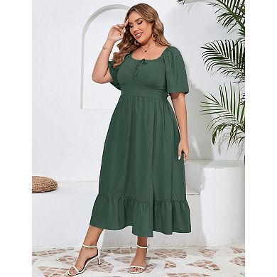 Womens Plus Size Ruffle Short Sleeve Tie Front Slit Hem Dress