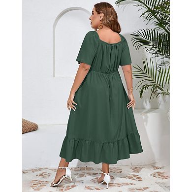 Womens Plus Size Ruffle Short Sleeve Tie Front Slit Hem Dress