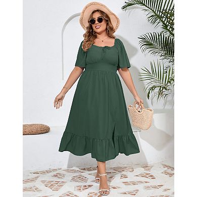 Womens Plus Size Ruffle Short Sleeve Tie Front Slit Hem Dress