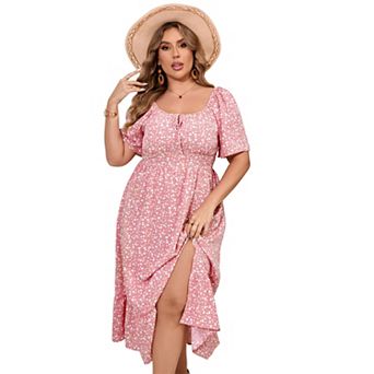 Womens Plus Size Ruffle Short Sleeve Tie Front Slit Hem Dress