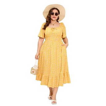 Womens Plus Size Ruffle Short Sleeve Tie Front Slit Hem Dress