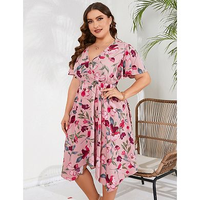 Women's Plus Size V-Neck Asymmetric Hem Short Sleeve Dress