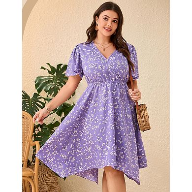 Women's Plus Size V-Neck Asymmetric Hem Short Sleeve Dress