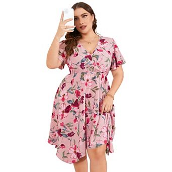 Women's Plus Size V-Neck Asymmetric Hem Short Sleeve Dress