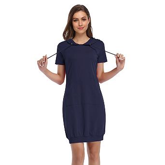 Women Cropped Hoodie Dress Short Sleeve with Pocket