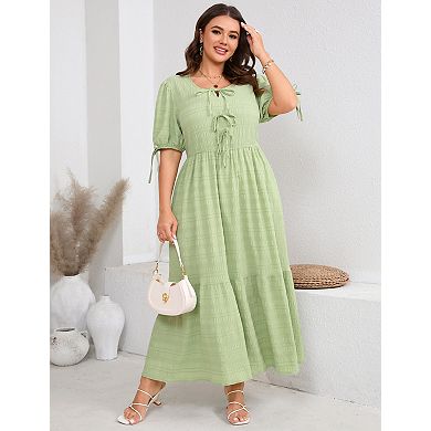 Women's Plus Size V-Neck Short Sleeve Bowknot Tie Front Midi Dress