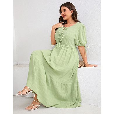 Women's Plus Size V-Neck Short Sleeve Bowknot Tie Front Midi Dress