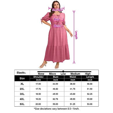 Women's Plus Size V-Neck Short Sleeve Bowknot Tie Front Midi Dress