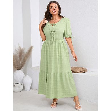 Women's Plus Size V-Neck Short Sleeve Bowknot Tie Front Midi Dress