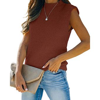 Women's Mock Neck Knit Sweater Vest Sleeveless Casual Trendy Summer Ribbed Pullover Tank Tops